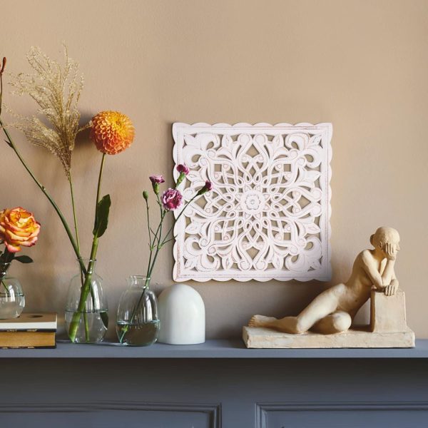bulk purchase wall décor art, carved wooden wall panel hanging decor, decorative carved floral-patterned distressed white mdf wall panel for iving room bedroom, 12" x 12" trade price