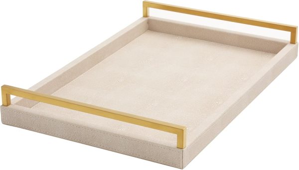 wholesale direct wv 17.8 * 11.8 “ ivory shagreen large serving tray, faux leather home decorative tray, coffee table ottoman tray with brushed gold stainless steel handle （ivory bulk purchase at factory prices