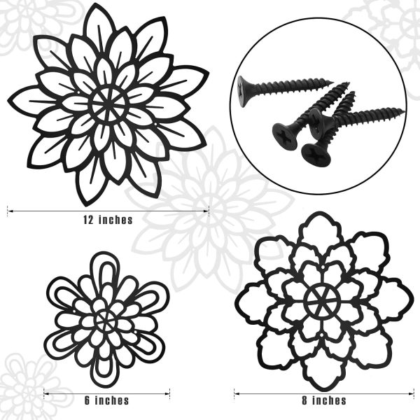 factory direct moxweyeni 3 pieces metal flowers wall decoration, metal rustic wall art decoration farmhouse wall decorations multiple floral hanging decoration for bathroom home office(black, modern style) volume discount