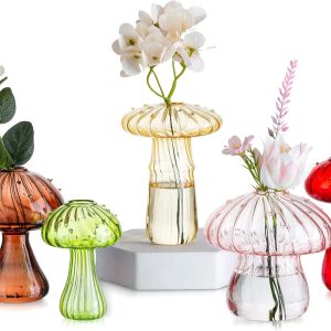 oem/odm services glasseam mushroom flower vase, cute colored glass vase set of 5, unique bud small vase for flowers, aesthetic decorative vases for home decor, hydroponic plant vase indoor for dining room centerpieces affordable bulk deals