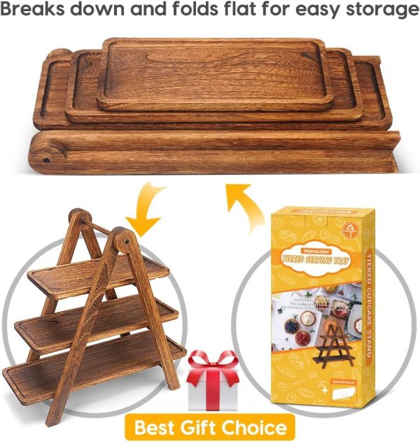 wholesale direct manspdier wood 3 tier serving tray three tiered cupcake stand, rectangle serving platter wooden farmhouse, party serving brown decorative tray decor bulk purchase at factory prices