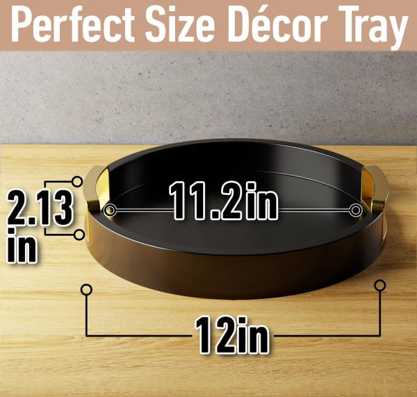 wholesale direct round decorative tray - 12" round black tray with gold handles - round coffee table tray - black round tray for kitchen counter - small round wood tray with handles - round serving tray with handles bulk purchase at factory prices