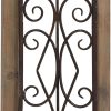 bulk purchase deco 79 wood scroll home wall decor window inspired wall sculpture with metal scrollwork relief, wall art 11" x 2" x 23", brown trade price