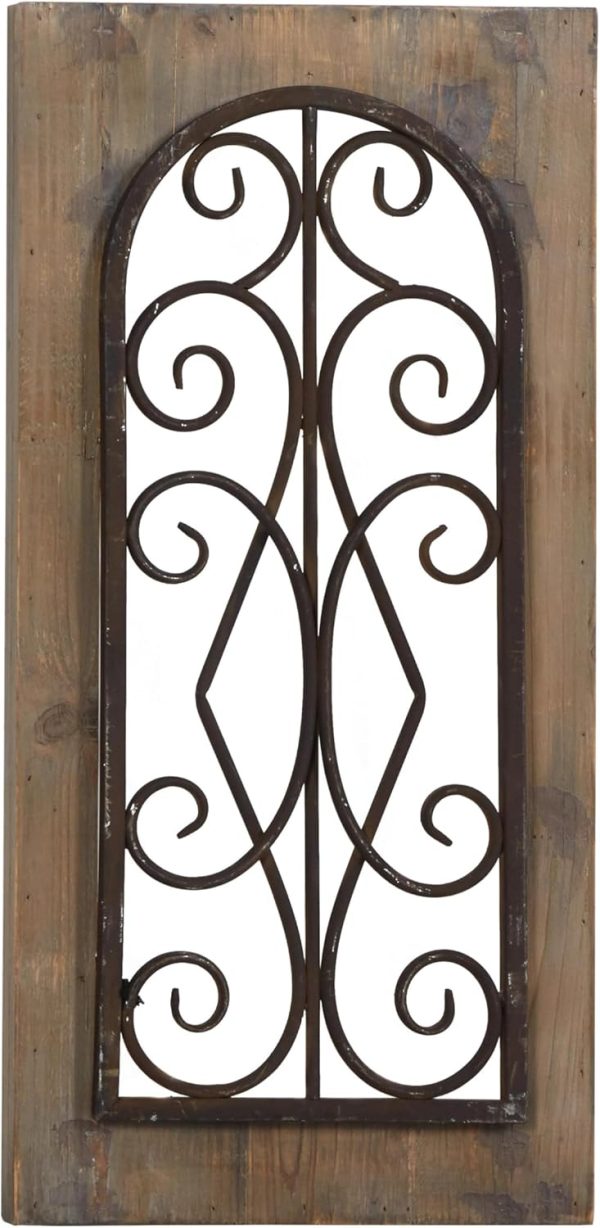 bulk purchase deco 79 wood scroll home wall decor window inspired wall sculpture with metal scrollwork relief, wall art 11" x 2" x 23", brown trade price