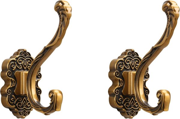 competitive pricing sdh antique brass coat hooks wall mounted -vintage style wall hooks for hanging purse, hat, keys & clothes - heavy duty bathroom hooks for towels - pack of 2 one-stop wholesale