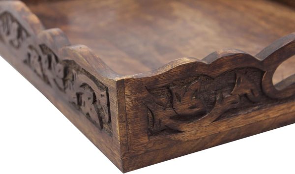wholesale direct hand carved wooden serving tray - decorative breakfast tray with handles - rustic wooden food tray with intricate detail - unique furnishing accent - natural finish - 17 x 13 x 2.5 inch - cotton craft bulk purchase at factory prices