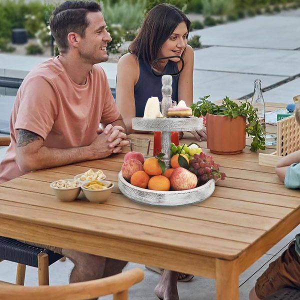 wholesale direct farmhouse 2 tiered tray stand for home decor, wooden serving tiered tray for coffee bar table centerpiece, decorative trays kit for countryside, round rustic stand for cake cupcake(white) bulk purchase at factory prices