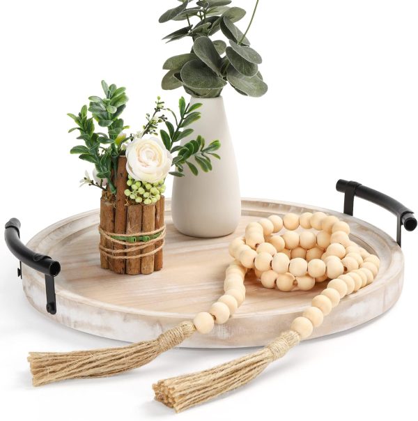 wholesale direct round wood tray/w wood bead garland - 13" decorative trays for home decor - round wooden tray with handles - wooden round tray for kitchen counter. bulk purchase at factory prices