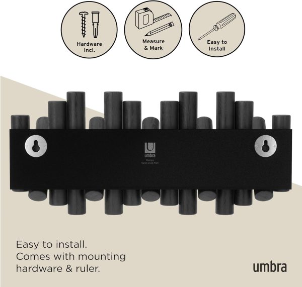 competitive pricing umbra picket wall-mounted coat rack rail hook with 5 retractable wood pegs – modern, space-saving storage organizer, black one-stop wholesale