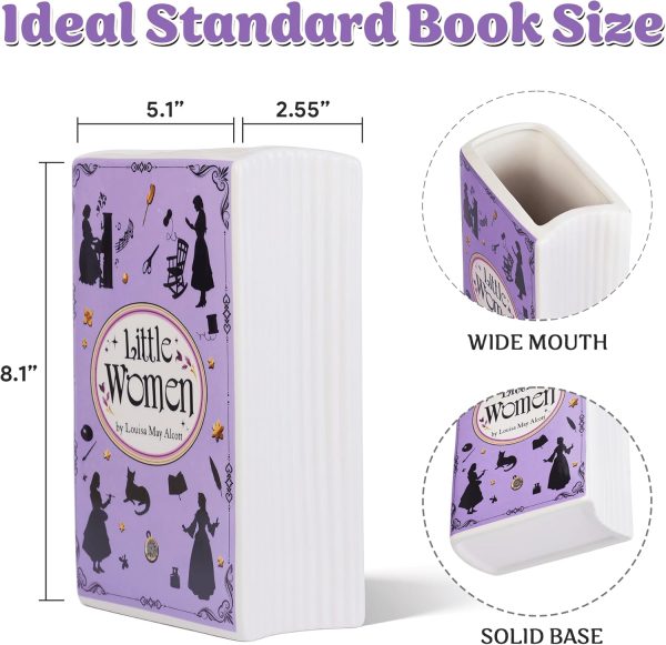 oem/odm services handmade book shaped flower vase, book lovers gifts, book shelf decor aesthetic, large ceramic utensil holder for kitchen counter, home kitchen decor, planter pot library decor (little women) affordable bulk deals