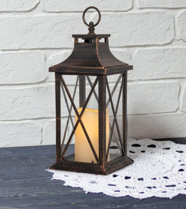custom wholesale yakii 14" decorative candle lantern led flameless candle timer, plastic led candle & holder, indoor & outdoor hanging lights,christmas day decoration (antique copper brushed) oem/odm services