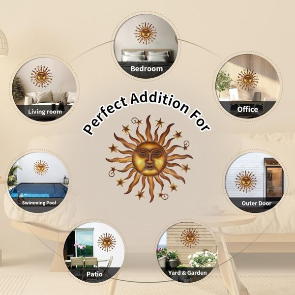 factory direct liffy 24" sun metal wall art outdoor decor - 3d sun face metal wall sculpture - hanging decoration gift ideal for home accent, bedroom, garden, patio, farmhouse - lively and vibrant volume discount