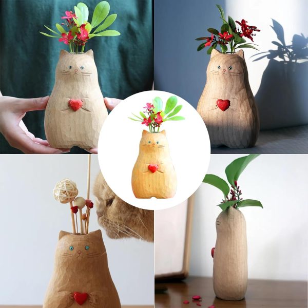 oem/odm services cat vase handmade wooden vase, home decor small vases,solid wood cat statue holding heart shaped,modern creative cat decor affordable bulk deals