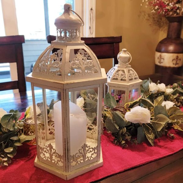 custom wholesale lanterns decorative outdoor&indoor, set of 2 (15"&11") beige metal lantern decor with glass, candle holder for porch, patio, garden, fall, wedding, christmas, table centerpiece oem/odm services