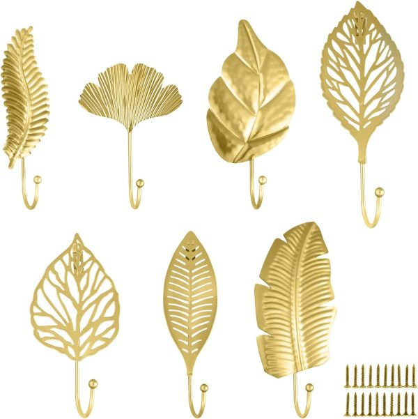 competitive pricing 7pcs leaves wall hooks for hanging heavy duty, gold iron decorative hooks for coat towel hat wall mount hangers racks for bathroom, kitchen, door, wardrobe, farmhouse (include screws) one-stop wholesale