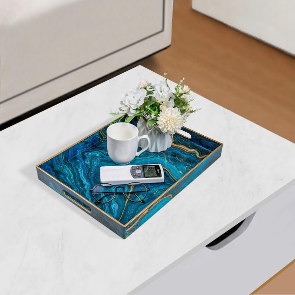 wholesale direct maoname plastic decorative tray, marbling tray with handles, rectangular coffee table tray, serving tray for ottoman, bathroom, 15.7” x 11.8”, blue bulk purchase at factory prices