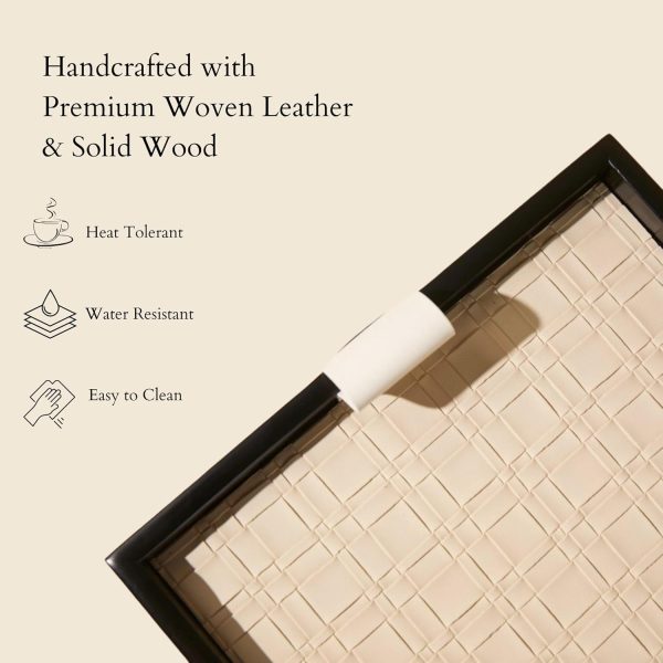 wholesale direct modern luxury 16"x11" woven leather and wooden rectangle tray - jewelry tray, vanity tray, decorative tray, catchall tray, serving tray, and for all occasions by curated collectives (beige, large) bulk purchase at factory prices