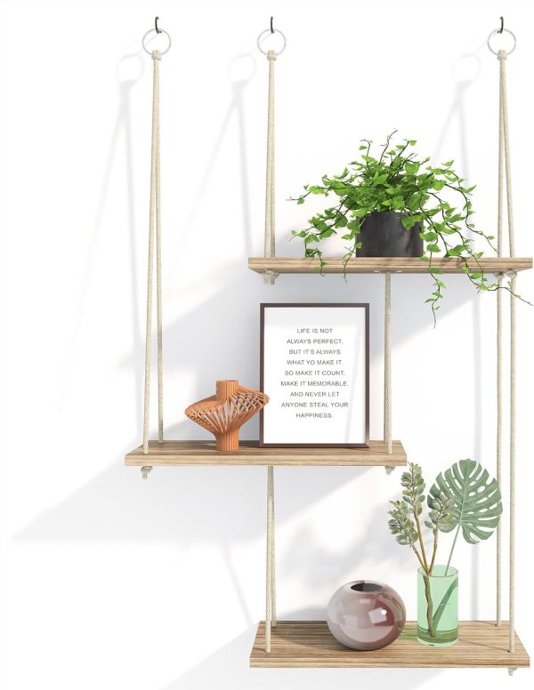 bulk purchase fixwal hanging shelves for wall, 3 tier boho wall decor plant rack floating shelves rope rustic wood organizer storage hanger for aesthetic home bedroom kitchen bathroom- rustic brown trade price