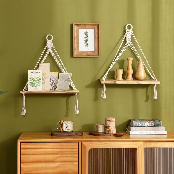 bulk purchase mkono macrame hanging shelves boho wall decor set of 2 rustic wood floating storage shelf for bedroom bathroom living room nursery dorm room, display shelving for hanging plants photos trade price