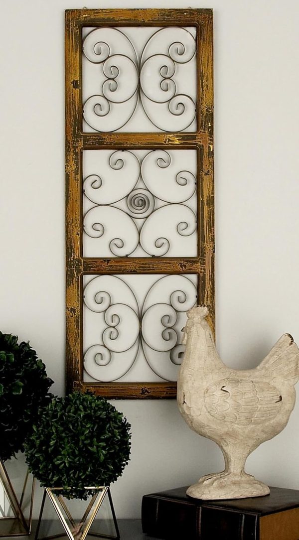 bulk purchase deco 79 wood scroll home wall decor window inspired wall sculpture with metal scrollwork relief, wall art 14" x 1" x 36", brown trade price