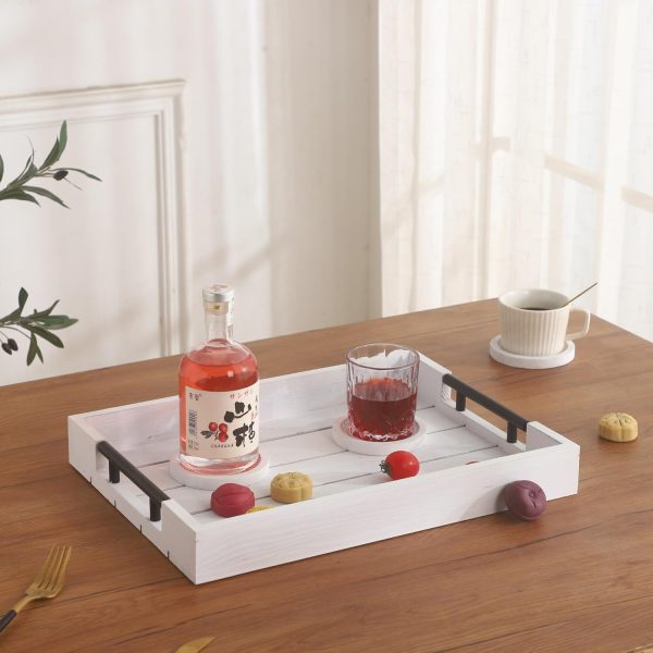 wholesale direct white wood serving tray farmhouse decorative ottoman trays with 4 round coasters coffee table tray living room tray with handles for eating breakfast in bed white bulk purchase at factory prices