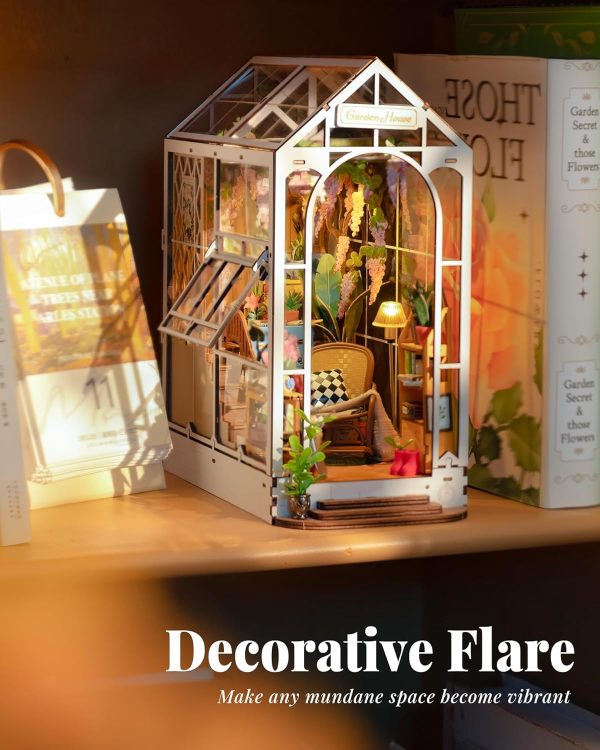 supplier direct rolife book nook kit wooden bookcase 9.5" garden house miniature kit with led decorative bookends, 3d puzzles for adults craft hobby for girls boys adults wholesale prices