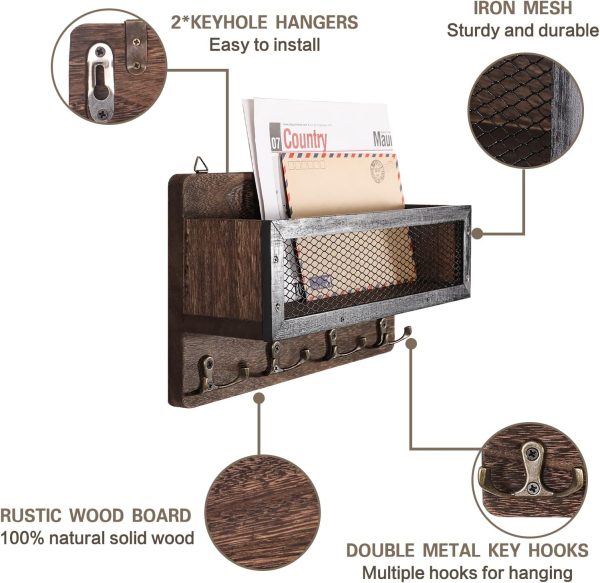 bulk purchase adiil mail and key holder for wall decorative, wooden wall key rack organizer with 4 double key hooks, wall mount key hanger for wall with shelf, rustic home decor for entryway hallway, brown trade price