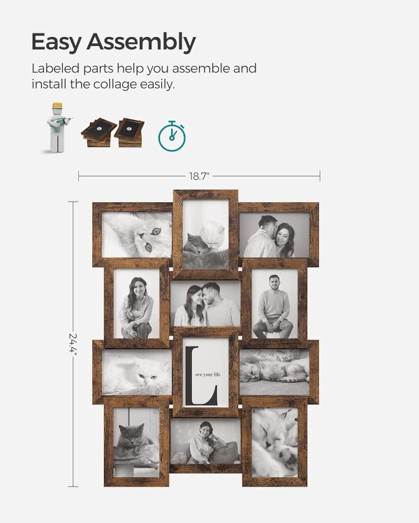 bulk purchase songmics collage picture frames, 4x6 for wall decor set of 12, multi family photo for gallery decor, hanging display, assembly required, rustic brown trade price