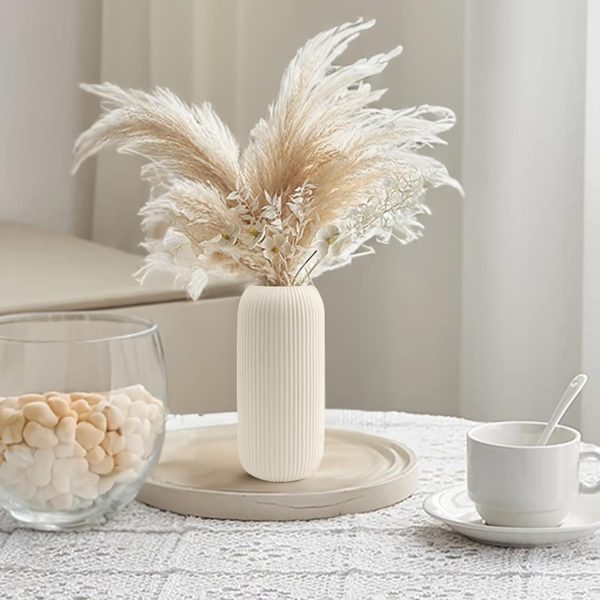 oem/odm services white ceramic vase for flowers, 8 inch flower vase modern white vase home decor, small vase, ribbed textured vase for pampas grass decorative vase, for farmhouse coffee table bookshelf home living affordable bulk deals