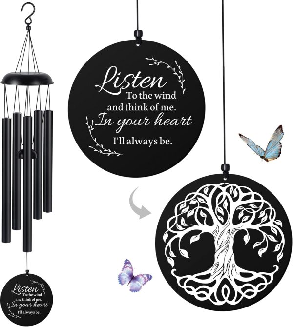 producer to buyer sympathy wind chimes for loss of loved one, memorial windchimes for lost father mother, remembrance bereavement gift with card, in memory of dad mom metal funeral decor for garden outdoor (39“ black) discounted pricing