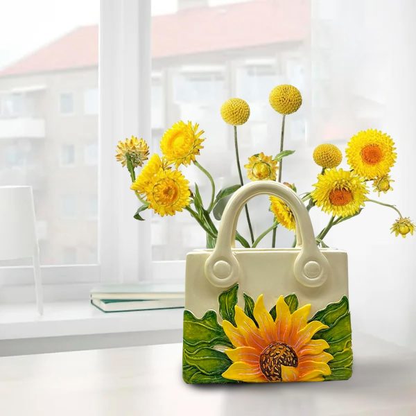 oem/odm services small purse vase for flowers - sunflower cute mini handbag flower vase for organic modern table centerpiece decor, unique beige resin white vase for party/kitchen/neutral/bedroom affordable bulk deals
