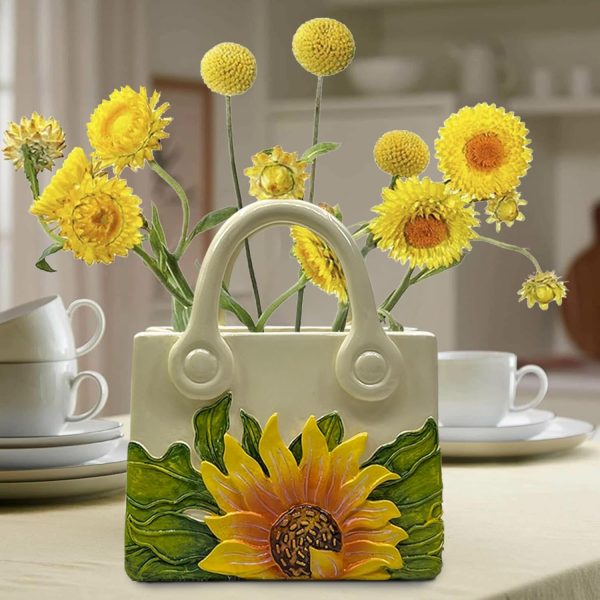 oem/odm services small purse vase for flowers - sunflower cute mini handbag flower vase for organic modern table centerpiece decor, unique beige resin white vase for party/kitchen/neutral/bedroom affordable bulk deals