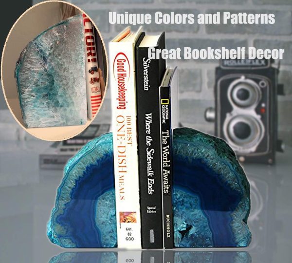 supplier direct amoystone agate geode bookends heavy duty stone book ends decorative bookend holder home office decor with rubber bumpers teal 1 pair, 2-3 lbs wholesale prices