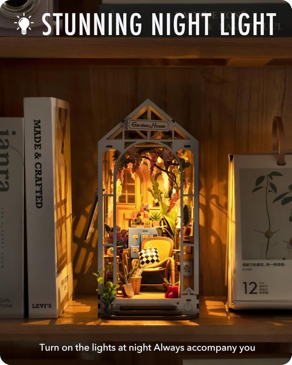 supplier direct rolife diy book nook kit garden house, diy miniature booknook kit 3d creative decorative bookend bookshelf insert 3d puzzle for adults, halloween/christmas decorations/gifts for adults (garden house) wholesale prices