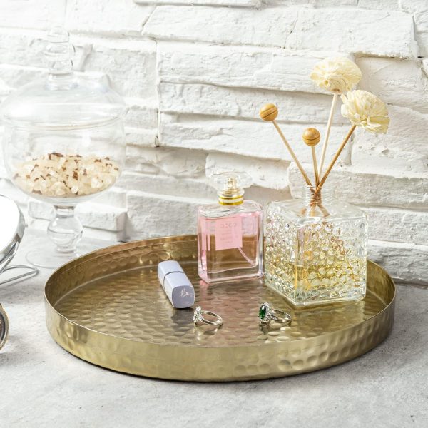 wholesale direct mygift 11 inch deluxe hammered brass round decorative tray - aluminum plated serving display platter, centerpieces and vanity tray - handcrafted in india bulk purchase at factory prices