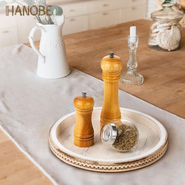 wholesale direct hanobe decorative serving tray wood: white washed bead round tray decor for coffee table rustic wooden trays farmhouse centerpiece for living room kitchen counter bulk purchase at factory prices