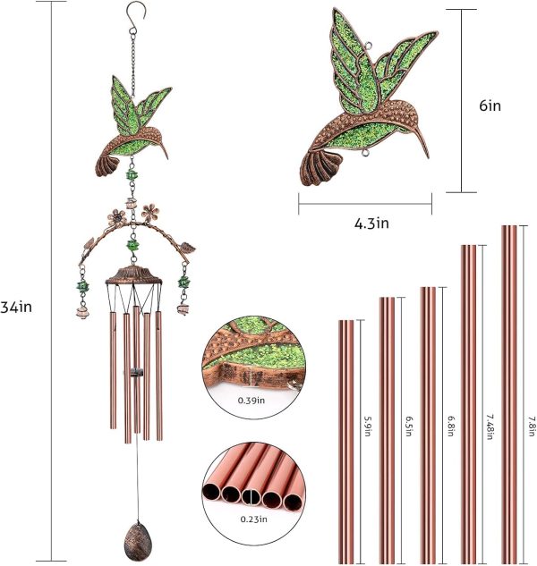 producer to buyer wind chimes - hummingbird wind chimes for outside deep tone 34 inches 5 aluminum tubes, thanksgiving, christmas, birthday gifts for mom, grandma, decorations for home, garden, patio, backyard discounted pricing