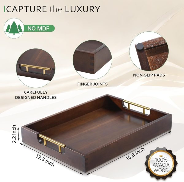 wholesale direct joy&grace acacia wooden serving tray with metal handles 16.8 x 12.8 inch ottoman tray for living room coffee table large wood decorative tray color brown bulk purchase at factory prices