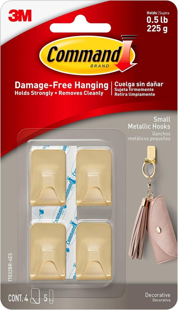 competitive pricing command small metallic hooks brass color, 4 hooks and 5 command strips, damage free wall hooks with adhesive strips, adhesive hooks for hanging christmas decorations, holds up to 0.5 lb one-stop wholesale
