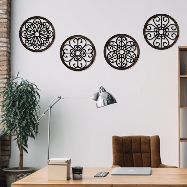 bulk purchase zzbakress 4 pcs wooden grainy rustic wall art farmhouse wall decor wooden exquisite hollow pattern wall decor elegant round wall art for living room dinner room kitchen bedroom hallway (black, rustic) trade price