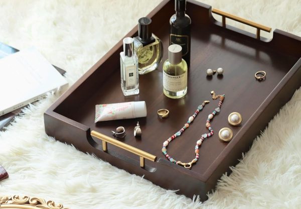 wholesale direct joy&grace acacia wooden serving tray with metal handles 16.8 x 12.8 inch ottoman tray for living room coffee table large wood decorative tray color brown bulk purchase at factory prices