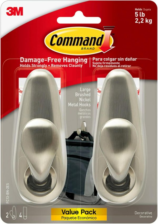 competitive pricing command 5 lb large brushed nickel metal hooks, 2 hooks and 4 command strips, damage free coat hooks with adhesive strips, forever classic hooks for christmas decorations one-stop wholesale