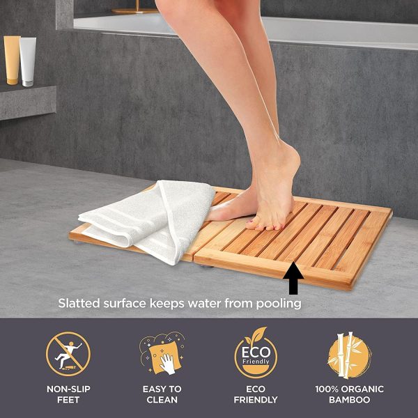 manufacturer direct bambüsi bamboo bath mat - foldable wood shower mat for easy storage, non-slip bathroom mat, versatile for indoor and outdoor use, ideal floor mat for spa, sauna, pool, 24" x 18" trade price