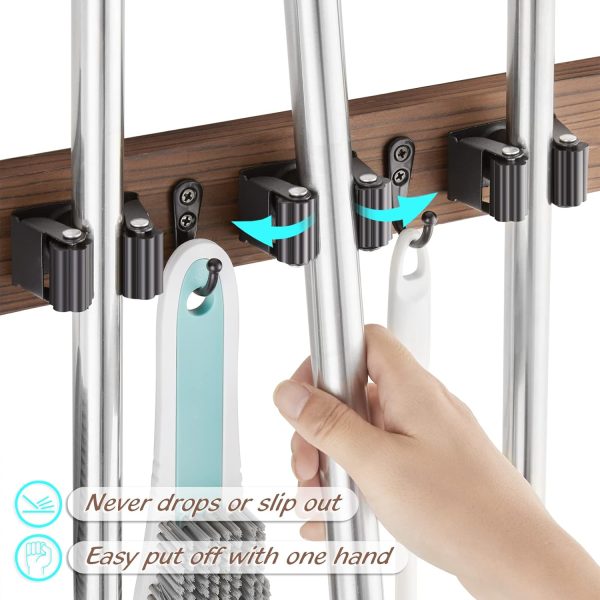bulk purchase mop and broom holder wall mount - rustic wood broom mop hanger - wall mounted garden tool rack organizer for closet garage laundry room kitchen decor with 4 slots & 4 hooks trade price