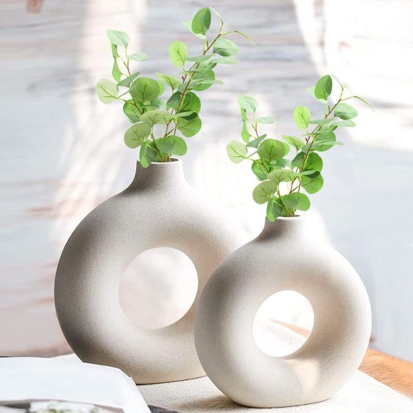 oem/odm services white ceramic vase, modern vase for minimalist decor, hollow round matte pampas flower vases for boho home wedding party room dinner table shelf decor (2pcs) affordable bulk deals