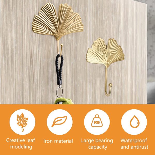 competitive pricing morobor decorative leaves iron hooks,4pcs ginkgo leaf shape wall mounted hooks modern key holder wall mounted gold single prong hat hanger home office nursery room decoration one-stop wholesale