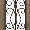 bulk purchase deco 79 wood scroll home wall decor window inspired wall sculpture with metal scrollwork relief, wall art 11" x 2" x 23", brown trade price