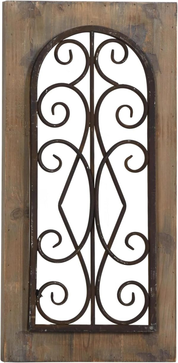 bulk purchase deco 79 wood scroll home wall decor window inspired wall sculpture with metal scrollwork relief, wall art 11" x 2" x 23", brown trade price