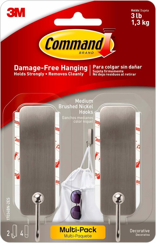 competitive pricing command medium brushed nickel wall hooks, 2 hooks and 4 command strips, damage free hanging wall hooks with adhesive strips, coat hooks for hanging christmas decorations, holds up to 3 lb one-stop wholesale