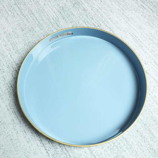wholesale direct spsyrine round blue decorative tray, 13" plastic serving table tray with handles for breakfast, round modern ottoman tray for coffee table, bathroom, kitchen, living room bulk purchase at factory prices